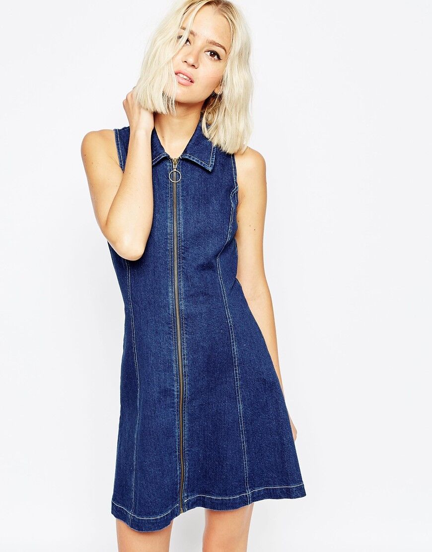 Denim Zip Through Dress With Collar